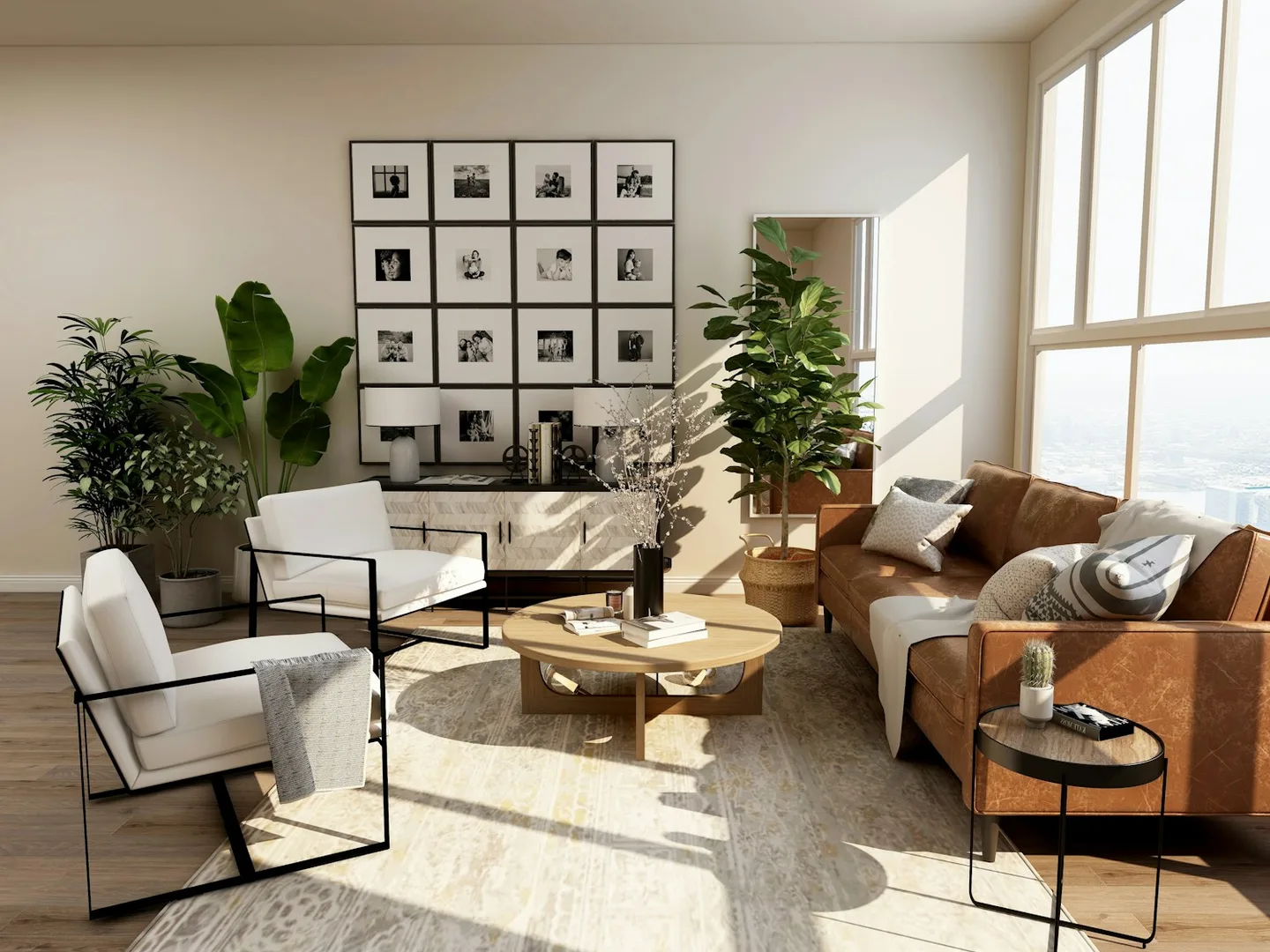Sunlight across a living room with plants, framed pictures, and a wooden coffee table