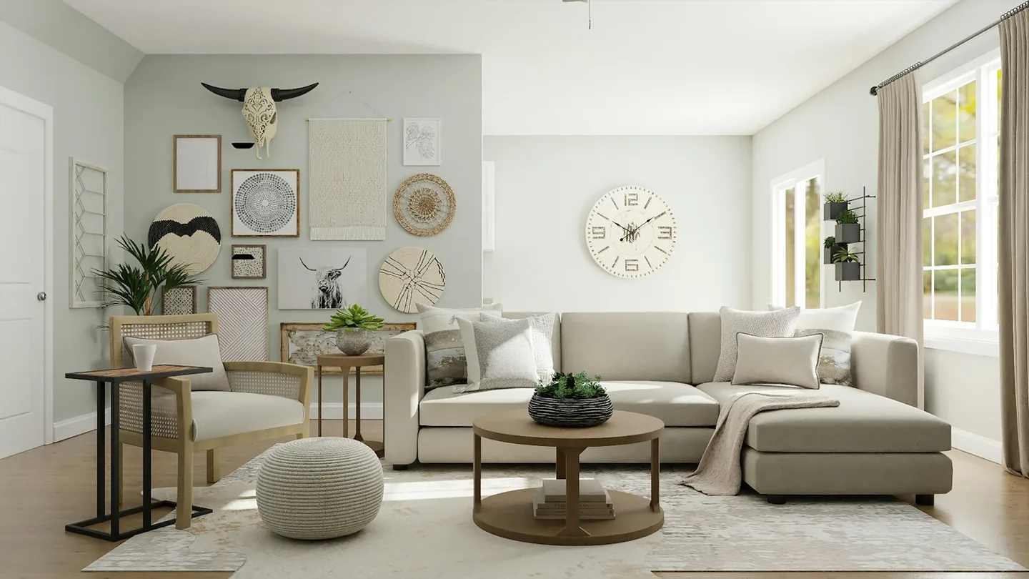 Living room decorated in neutral colors